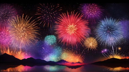 Fireworks landscape background, New Year's Eve, Generative AIの素材