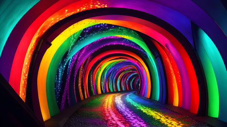 3d illustration of a tunnel with lights in the shape of a rainbow, Generative AIの素材