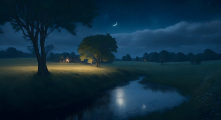 Night landscape with trees, river and moon in the sky. 3d illustration, Generative AIの素材
