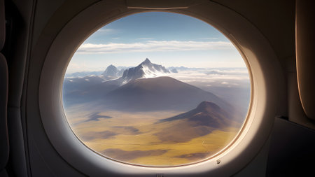 View from the porthole of an airplane window on a mountain landscape, Generative AIの素材