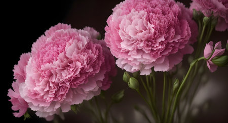 Beautiful pink carnation flowers on black background, close-up. Generative AIの素材