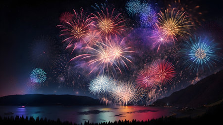 Colorful fireworks on the background of the night sky and the lake, Generative AIの素材