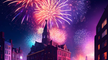 Fireworks over skyline at night, Generative AIの素材