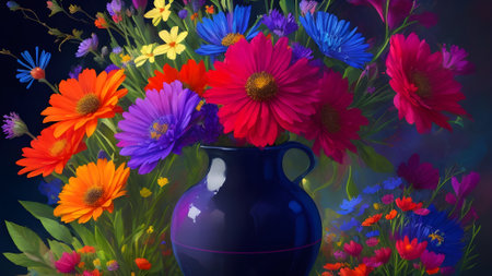 Bouquet of colorful flowers in a vase on a dark background, Generative AIの素材