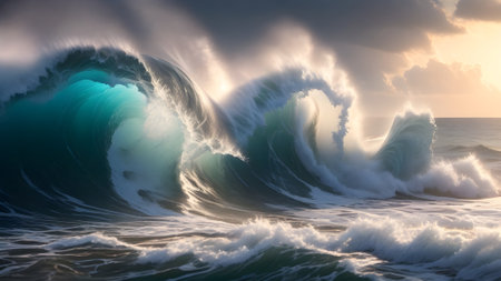 Surfing ocean wave. 3d illustration of ocean wave background. Generative AIの素材