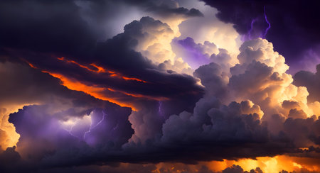3D illustration of a stormy sky with lightning and storm clouds, Generative AIの素材