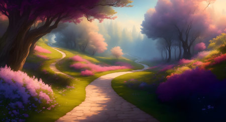 Beautiful fantasy landscape with a path leading to the forest and flowers, Generative AIの素材