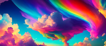 Rainbow background. Colorful sky with clouds. 3d illustration, Generative AIの素材