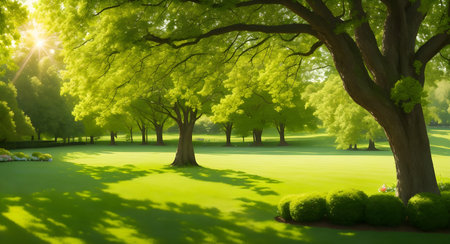 Beautiful spring landscape with green trees in the park and sun rays, Generative AIの素材