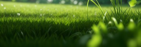 Green grass with bokeh background. Panoramic banner, Generative AIの素材