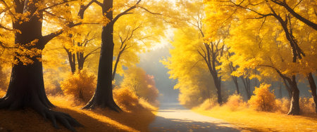 Beautiful autumn landscape with a road and yellow trees in the fog, Generative AIの素材