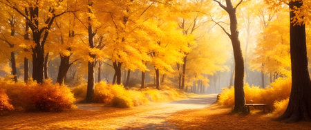 Autumn landscape with foggy forest and road, Generative AIの素材