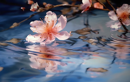 Cherry blossom in spring time on blue water surface with reflection, Generative AIの素材