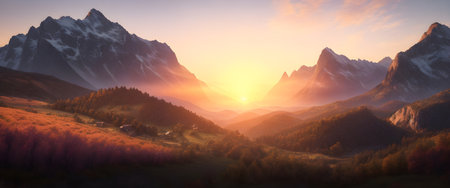 Mountain landscape at sunset, Generative AIの素材