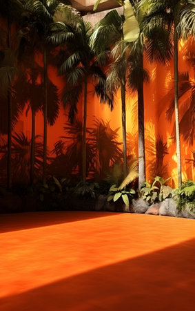 Tropical palm trees and orange light on the wall, Generative AIの素材