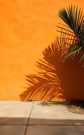 The shadow of palm leaves on the orange wall. Summer background, Generative AIの素材