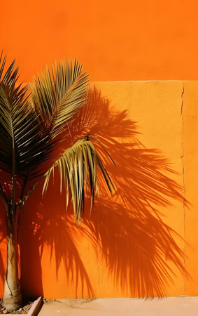 Tropical palm tree shadow on orange wall. Summer background, Generative AIの素材