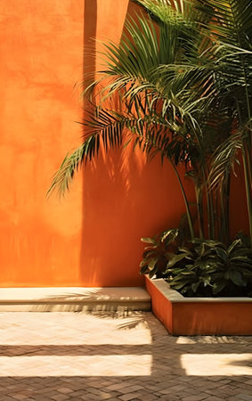 Palm tree on the terrace with orange wall in the background, Generative AIの素材