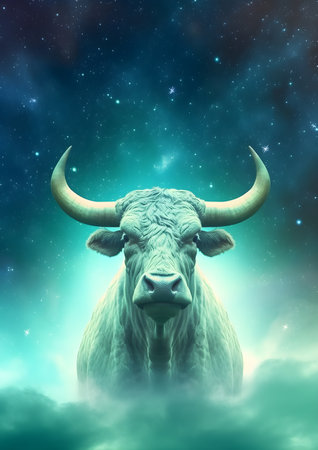 Bull on a background of the starry sky. 3d illustration, Generative AIの素材