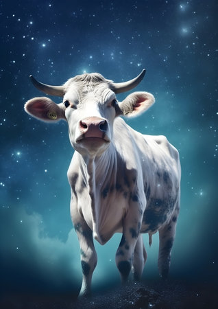 White cow on a background of the starry sky. 3d illustration, Generative AIの素材