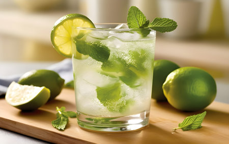 Glass of fresh mojito on wooden board, closeup viewの素材