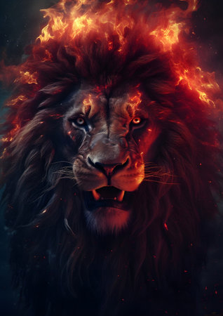 Portrait of a lion with fire flames on a black background, Generative AIの素材