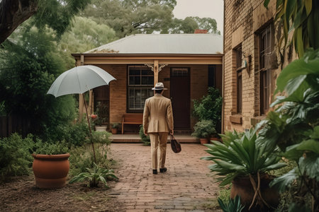 Rear view of a man in a brown jacket and hat with an umbrella standing in front of his houseの素材