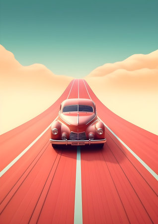 Classic car on the road. 3D illustration. Retro style, Generative AIの素材