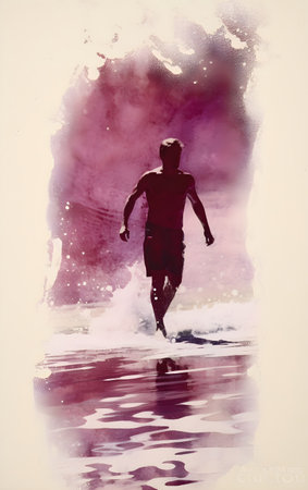 Watercolor silhouette of a man running in the water, Generative AIの素材