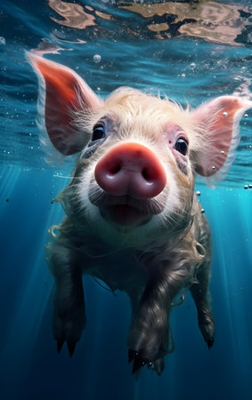 Pig swimming underwater in the ocean, Generative AIの素材