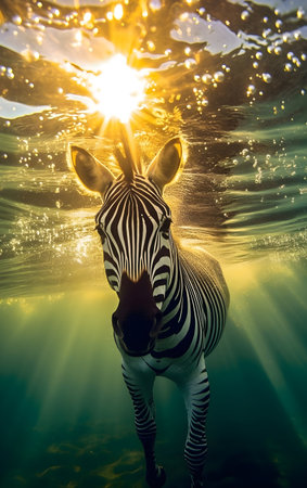 Zebra in the water with sunbeams, Generative AIの素材