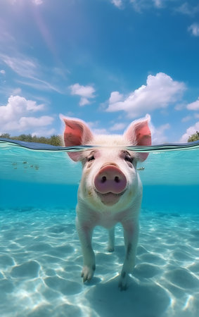 Pig swimming underwater in the water of a tropical island with blue sky, Generative AIの素材