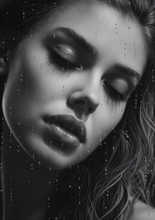 Beautiful female face with rain drops on her face. Black and white, Generative AIの素材