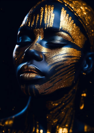 Close-up portrait of a beautiful woman with golden bodyart, Generative AIの素材