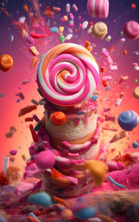 Colorful candies, lollipops and marshmallows flying in the air, Generative AIの素材