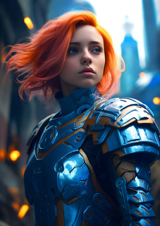 3D illustration of a female cyborg with red hairの素材