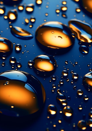 Oil drops on a blue background, Generative AIの素材