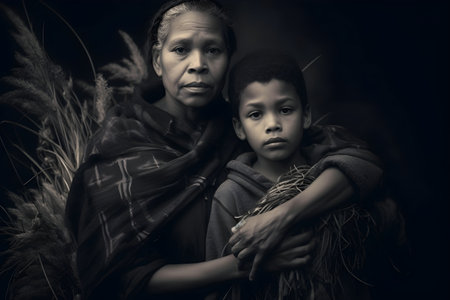 Portrait of an old woman and her child in the field, Generative AIの素材