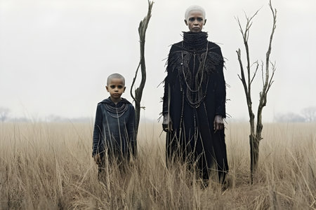 African mother and son in the field with dead trees and dry grass, Generative AIの素材