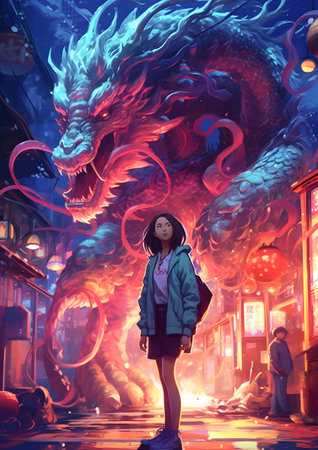 Chinese girl in a night city with a dragon in the background.の素材