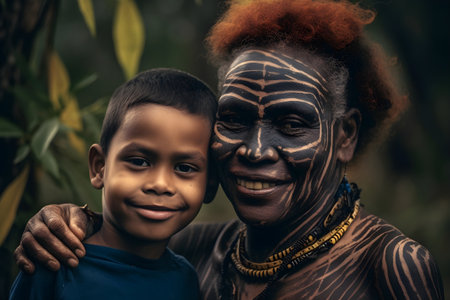 African father and son with animal face painting in the jungle.の素材