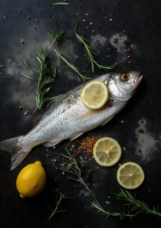Fresh fish with lemon and rosemary on black background, top viewの素材
