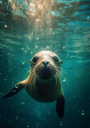 Sea lion swimming underwater in the ocean.の素材