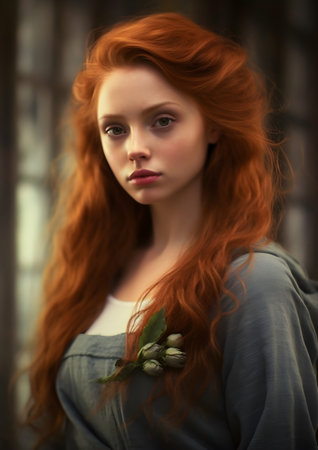 Portrait of a beautiful red-haired girl with frecklesの素材