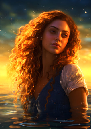Beautiful woman with long curly hair in the sea at sunset.の素材