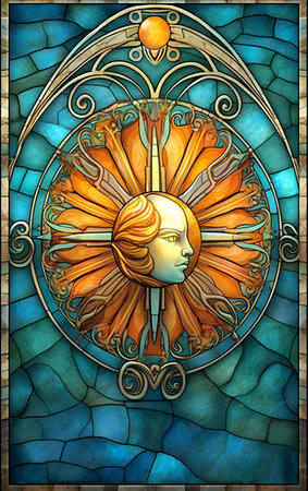 Illustration in stained glass style with the image of the sun.の素材