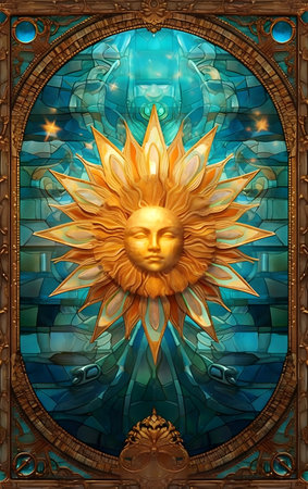 Illustration in stained glass window with the image of the sun.の素材