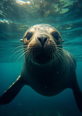 Sea lion swimming underwater in the ocean.の素材