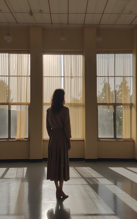 Young woman in a long brown dress standing near the window in the roomの素材