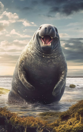 Elephant seal on the beach in the ocean.の素材